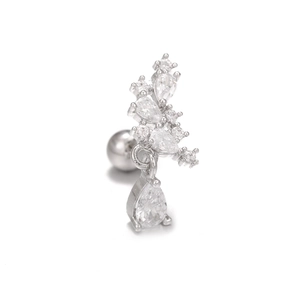 Detail of silver cartilage stud with cluster zircon leaf design and screw back closure