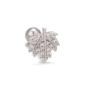 Detailed view of silver leaf ear stud with cubic zirconia and screw ball back closure