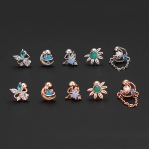 10pcs set of stainless steel moon and wing ear cartilage studs in silver and rose gold