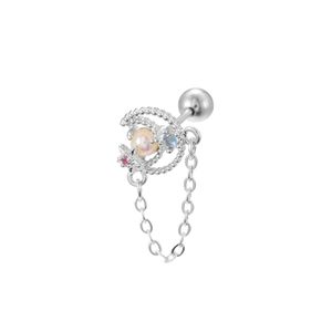 Detail of moon-style ear cuff with stars, colorful zircons, and delicate silver chain