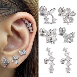 Boucles D'oreilles Cartilage En Zircone Fleur Papillon Cuivre Avec Fermoir À Vis Sphérique Bijoux De Mode Pour Femmes