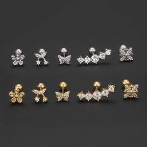 Ensemble de piercings hélix fleur en zircon argent et or avec fermoir à bille vissée