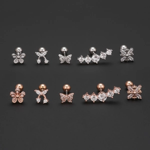 Ensemble de boucles d'oreilles cartilage en zircon fleur et papillon argent et rose
