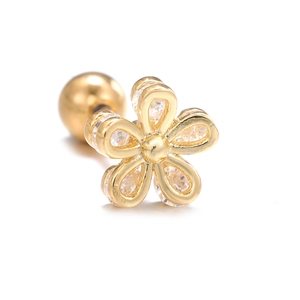 Boucle d'oreille fleur dorée avec pétales en zircon et fermoir à vis sécurisé