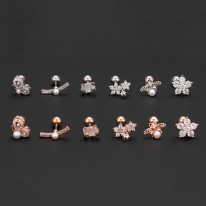 12-teiliges Blumen-Schmetterling-Ohrring-Set mit Zirkon und Perlen in Silber und Roségold