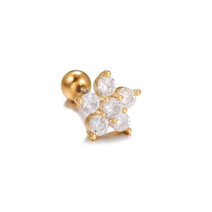 Einzelner goldener Blumen-Knorpelohrring aus Edelstahl mit glänzenden Zirkon-Blüten