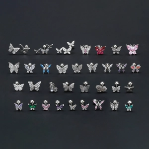 Collection of colorful zircon butterfly cartilage stud earrings with screw back design