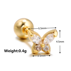 Macro shot of butterfly stud earring with clear zircon and technical size specifications