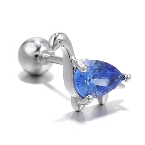 Detailed view of silver dinosaur stud earring with blue pear-cut zircon and screw back