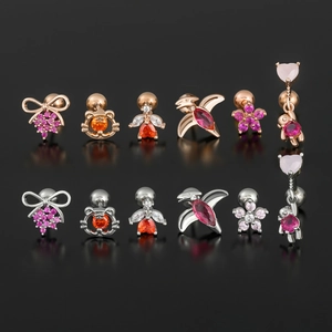 12-piece set of geometric animal stud earrings with rose red zirconia in gold and silver