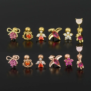 Chic bear and animal stud earring set in gold and rose gold with fuchsia zircons