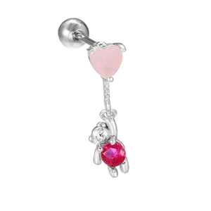 Detail of silver bear earring with pink heart gemstone and red round zircon drop