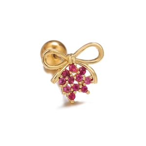 Golden bow stud earrings with pink zircon stones and round screw back closure