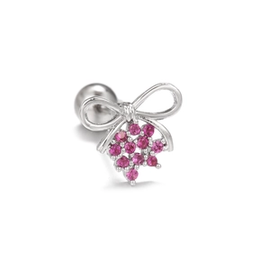 Detailed view of bear-shaped bow stud earring with rose red cubic zirconia and screw back