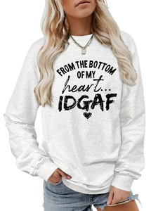 Detail showing the black lettering print on a grey long-sleeve cotton sweatshirt