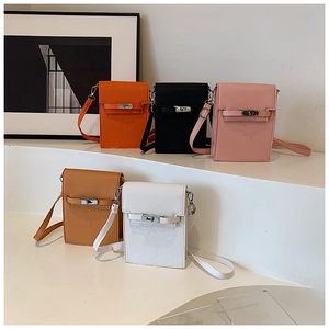 Women's Mini PU Leather Vertical Mobile Phone Bag Small Square Crossbody Shoulder Bag With Metal Turn Lock Fashion Trendy Handbag