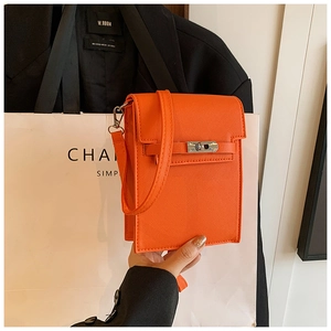 Vertical orange leather mini crossbody phone bag with silver twist lock and strap