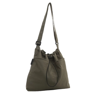 Lightweight army green nylon drawstring crossbody bag with wide adjustable shoulder strap