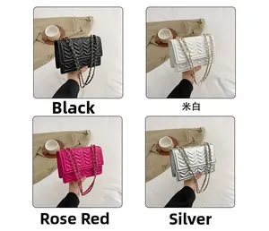 Detailed grid view of quilted chain bags in black, beige, rose red, and silver finishes