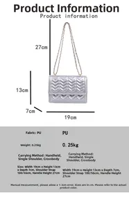 Detail view of silver quilted chain bag with dimensions: 19cm width and 13cm height
