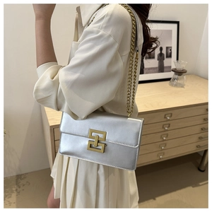 Detail of silver flap bag with gold chain strap and interlocking buckle on model