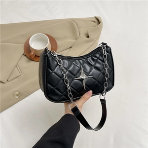 Chic black quilted shoulder bag with silver star buckle and metal chain for women