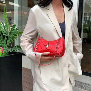 Quilted red leather shoulder bag with silver star logo and chain strap for women