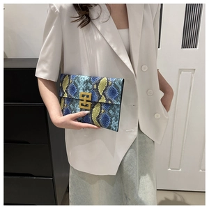 Détail d'une pochette colorée à motif serpent avec une boucle en métal doré rectangulaire