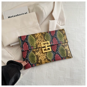 Vue détaillée d'une pochette serpent colorée avec un fermoir doré de style vintage