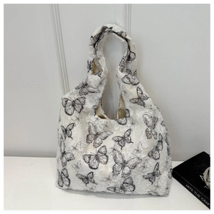 White chiffon butterfly print tote bag with plush texture and large capacity shoulder strap