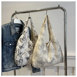 Women Fashion Butterfly Print Tote Bag Large Capacity Textured Plush Fabric Shoulder Bag Casual Versatile Daily Handbag