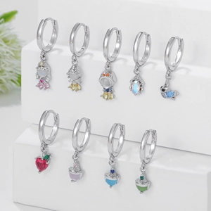Nine-piece set of silver hoop earrings with colorful zircon and character charms
