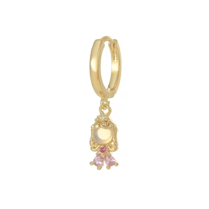 Detail of a gold hoop earring with a princess charm and pink gemstones