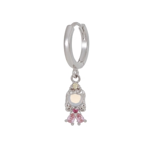 Detail view of silver earrings with princess pendant and multicolor zircon stones