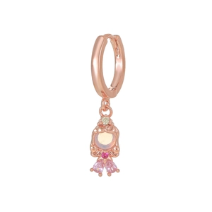 Detail of rose gold earring featuring a princess pendant with inlaid colored zircons