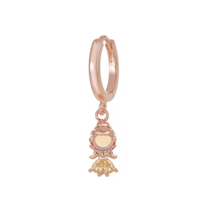Detail of rose gold huggie earring with cute girl pendant and yellow cubic zirconia