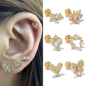Heart Butterfly Evil Eye Cartilage Stud Earrings Copper Zircon Inlaid Stainless Steel Post Screw Back Piercing Jewelry