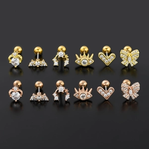 Set of 12 heart and moon cartilage earrings with cubic zirconia and screw-back balls