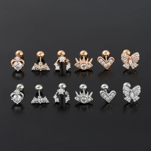 12pcs 20G stainless steel ear studs set with heart and butterfly zircon inlays