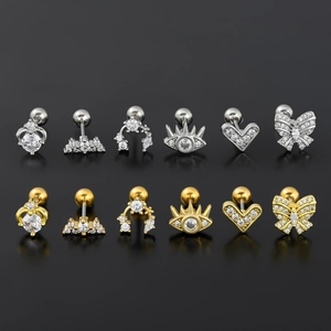 12-piece stainless steel cartilage stud earring set with gold and silver zircon shapes