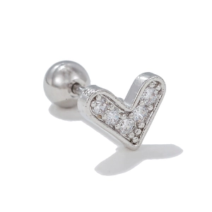 Macro shot of silver heart tragus stud with micro-pave cubic zirconia and screw-ball back