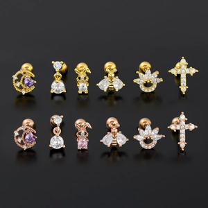Golden bunny and moon stud earring set with zircons and spherical screw backs