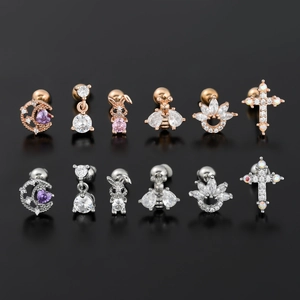 Creative stainless steel rabbit and moon stud earring set with zircons in rose gold and silver