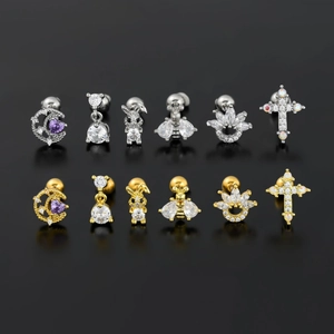 Stainless steel bunny and moon ear piercing studs set with purple cubic zirconia stones