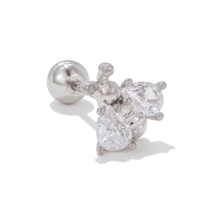 Detailed view of silver rabbit ear stud with sparkling zircons and ball screw back