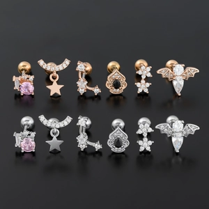 Lot de 12 piercings en acier inoxydable avec zircons et motifs animaux géométriques