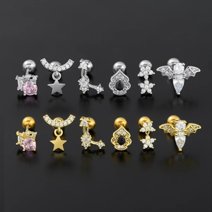 Set de 12 boucles d'oreilles cartilage en zircon animal et géométrique, doré et argent