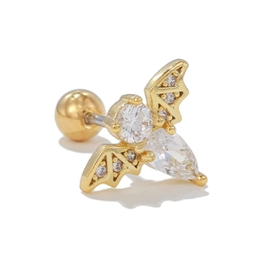 Clou d'oreille chauve-souris doré avec zircons blancs et fermoir à vis boule