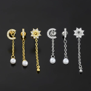 Boucles d'oreilles lune et étoile en acier inoxydable avec zircons et perles