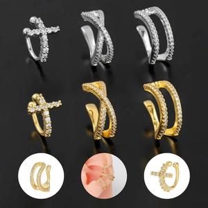 Fashion Copper Zirconia Ear Cuff For Women No Pierced C Shaped Cross X Shape Double Row Stackable Clip On Earrings Jewelry Gift